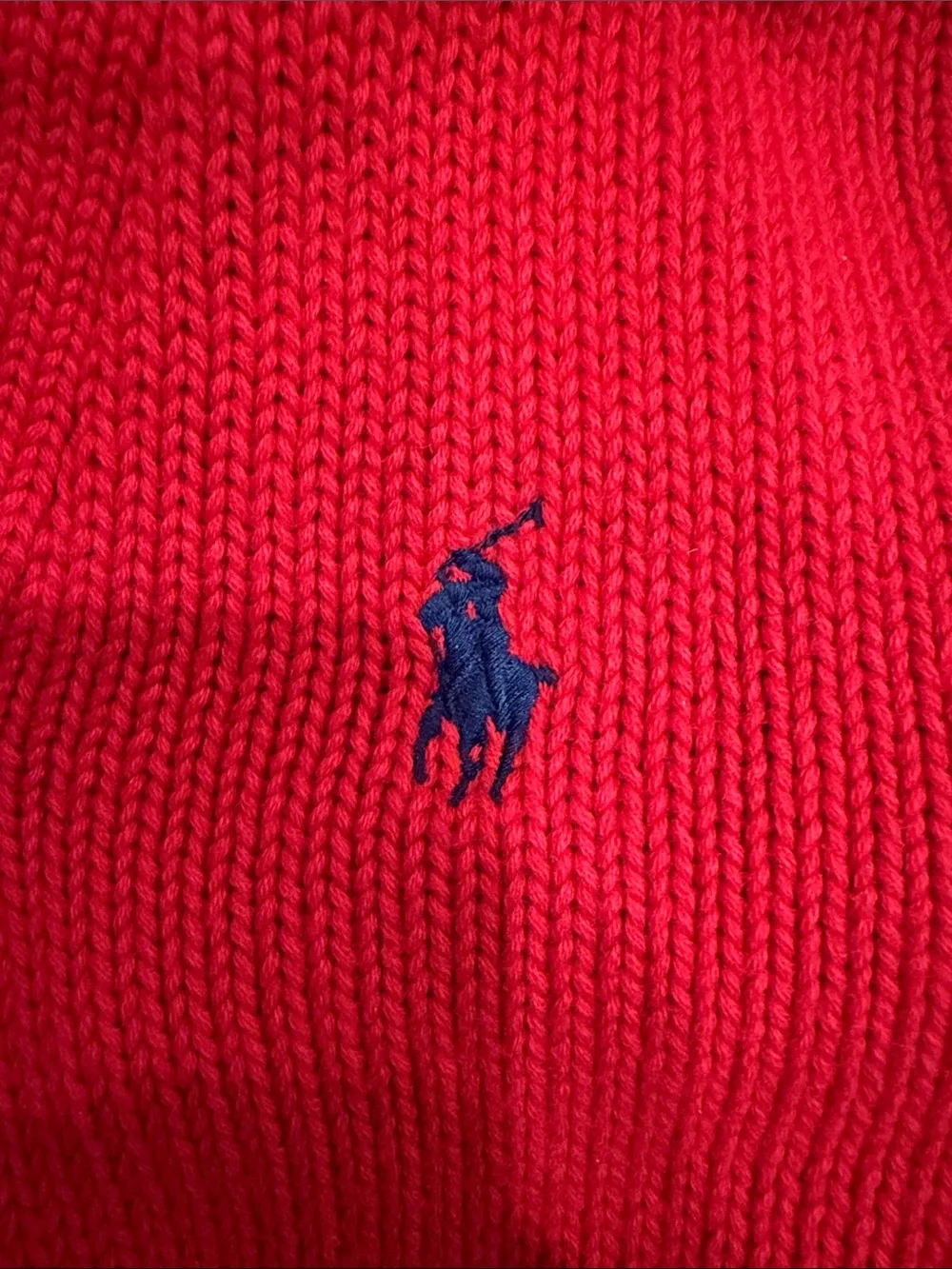 Ralph Lauren Red Shawl-Collar Sweater with Navy Pony